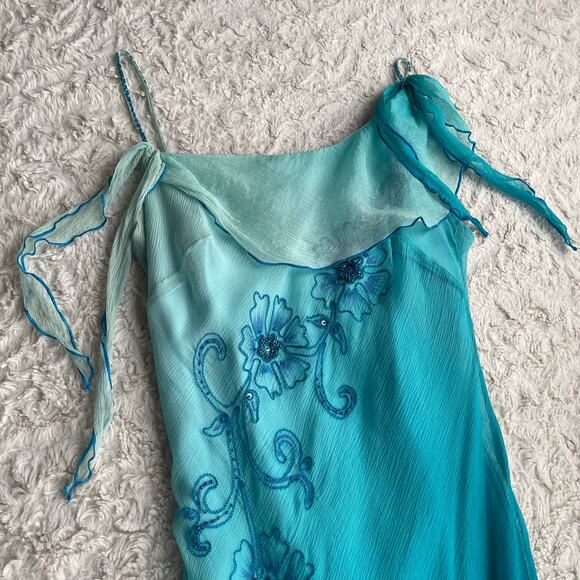 Cache beaded sequin floral slip dress Elsa ombre blue asymmetric fairy prom M - Picture 11 of 16